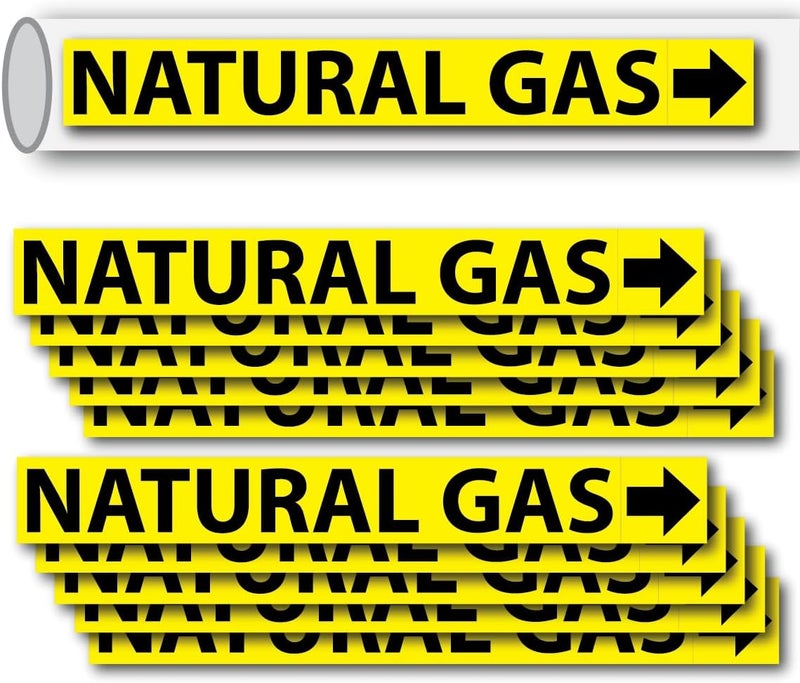 Wrapco (10 Pack) Natural Gas Pipe Labels Stickers With Arrows, 1” x 8” Self Sticking 6mil PVC Natural Gas Pipe Markers for Pipes, Inspections, Detector, Regulator and Heaters - Image 1